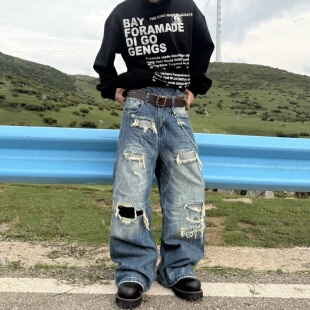 子 男女复古破洞阔腿裤 HY711 水洗重工破坏补丁直筒廓形宽松牛仔裤