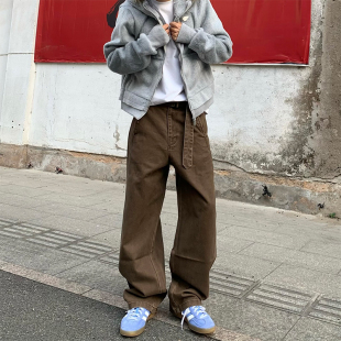 HY711 LEM风可调节腰带立体弯刀工装休闲裤男复古宽松情侣牛仔裤