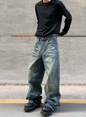 HY711 多层猫须做旧水洗直筒阔腿牛仔裤男女美式复古宽松百搭裤子