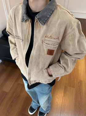 HY711 美式小众水洗做旧短款上衣牛仔底特律工装夹克秋季外套男