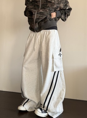 HY711 十字刺绣美式复古弯刀宽松直筒阔腿灰色卫裤男女百搭休闲裤