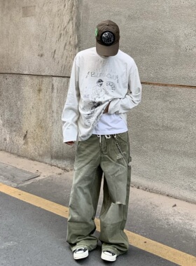 HY711 素描卡通涂鸦印花美式宽松长袖T恤男女宽松百搭上衣打底衫