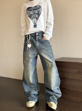 HY711 分割解构竹节纹理猫须直筒宽松微廓牛仔裤男女美式复古裤子