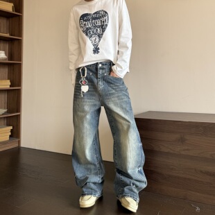 复古裤 男女美式 子 分割解构竹节纹理猫须直筒宽松微廓牛仔裤 HY711