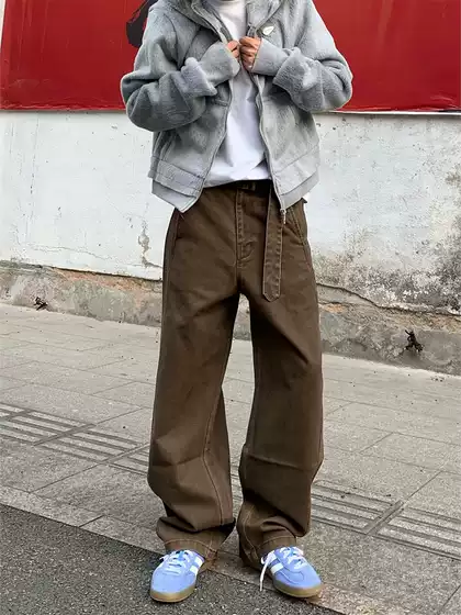 Hy711 Lem Style Adjustable Belt Three-Dimensional Scimitar Workwear Casual Pants Men's Retro Loose Couple Jeans