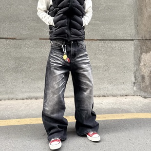 子 男女百搭cleanfit裤 HY711 凌乱爪痕猫须水洗直筒廓形黑色牛仔裤