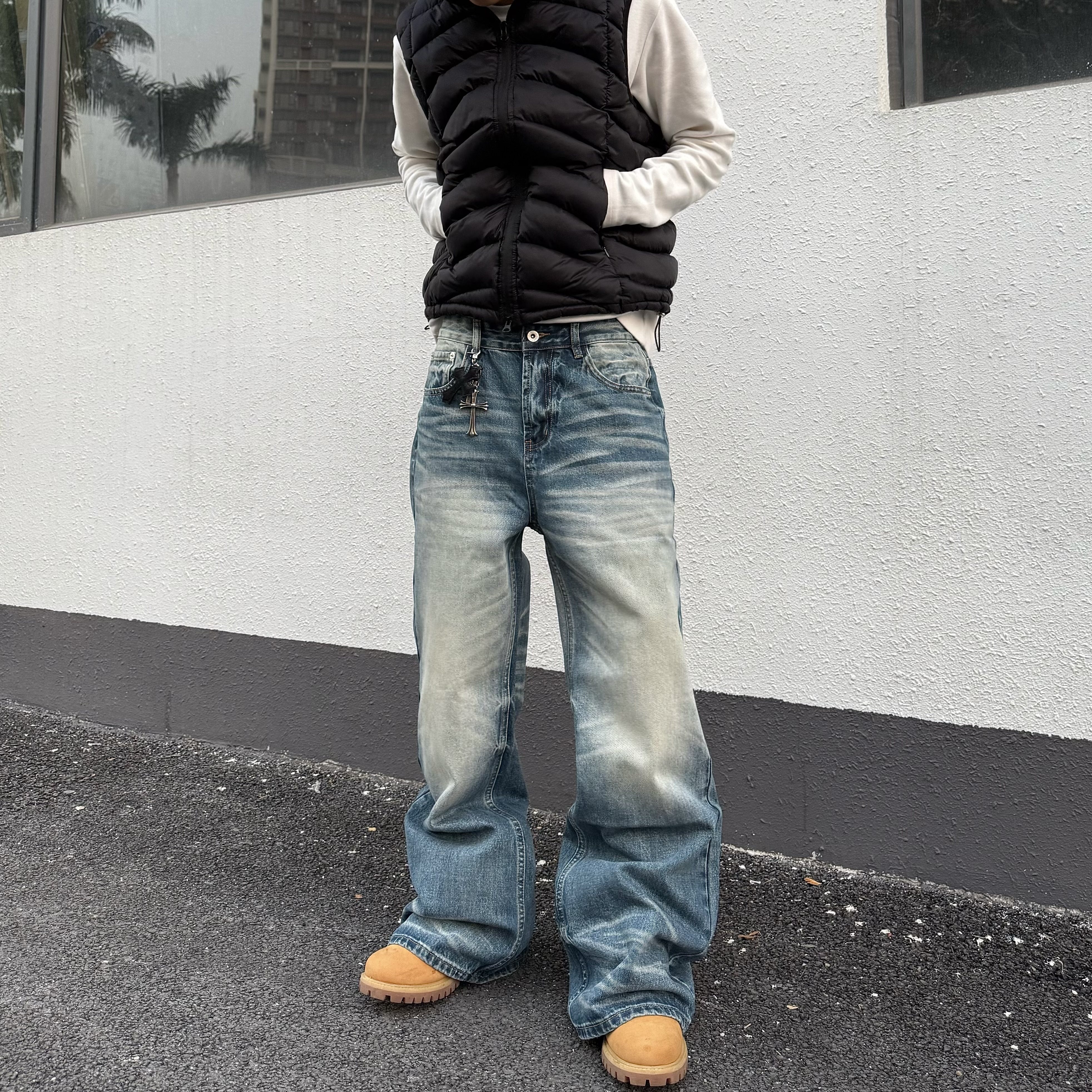 HY711 湖水蓝磨白抓痕猫须A字直筒宽松牛仔裤男女baggy版型裤子