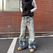 HY711 子 型裤 水洗五连扣泥染猫须A字直筒宽松牛仔裤 男女baggy版