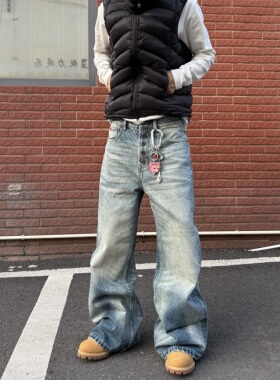 HY711 水洗五连扣泥染猫须A字直筒宽松牛仔裤男女baggy版型裤子