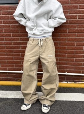 HY711 双膝纯棉珠帆布vintage休闲伐木裤直筒水洗阔腿工装裤男女