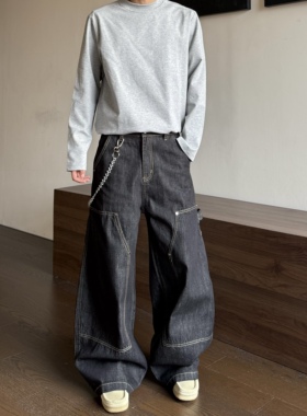 HY711 复古水洗原牛双膝伐木工装弯刀牛仔裤宽松阔腿直筒休闲裤