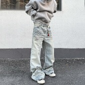 子 男女重磅高街裤 HY711 喷墨手工脏染立体猫须做旧直筒微喇牛仔裤