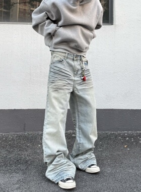 HY711 喷墨手工脏染立体猫须做旧直筒微喇牛仔裤男女重磅高街裤子