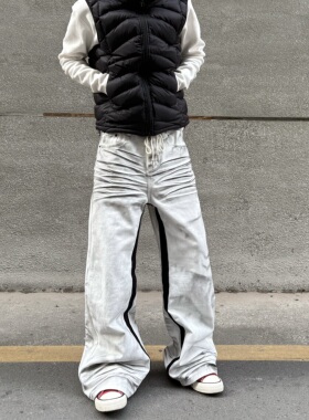 HY711 喷墨手工脏染猫须做旧直筒微喇牛仔裤男女重磅高街白色裤子