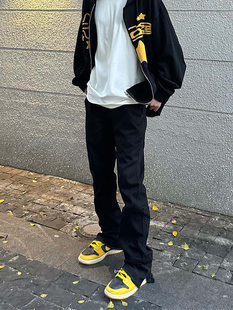HY711美式 腳開叉vibe風黑色直筒修身 牛仔褲 男 復古設計感毛邊褲
