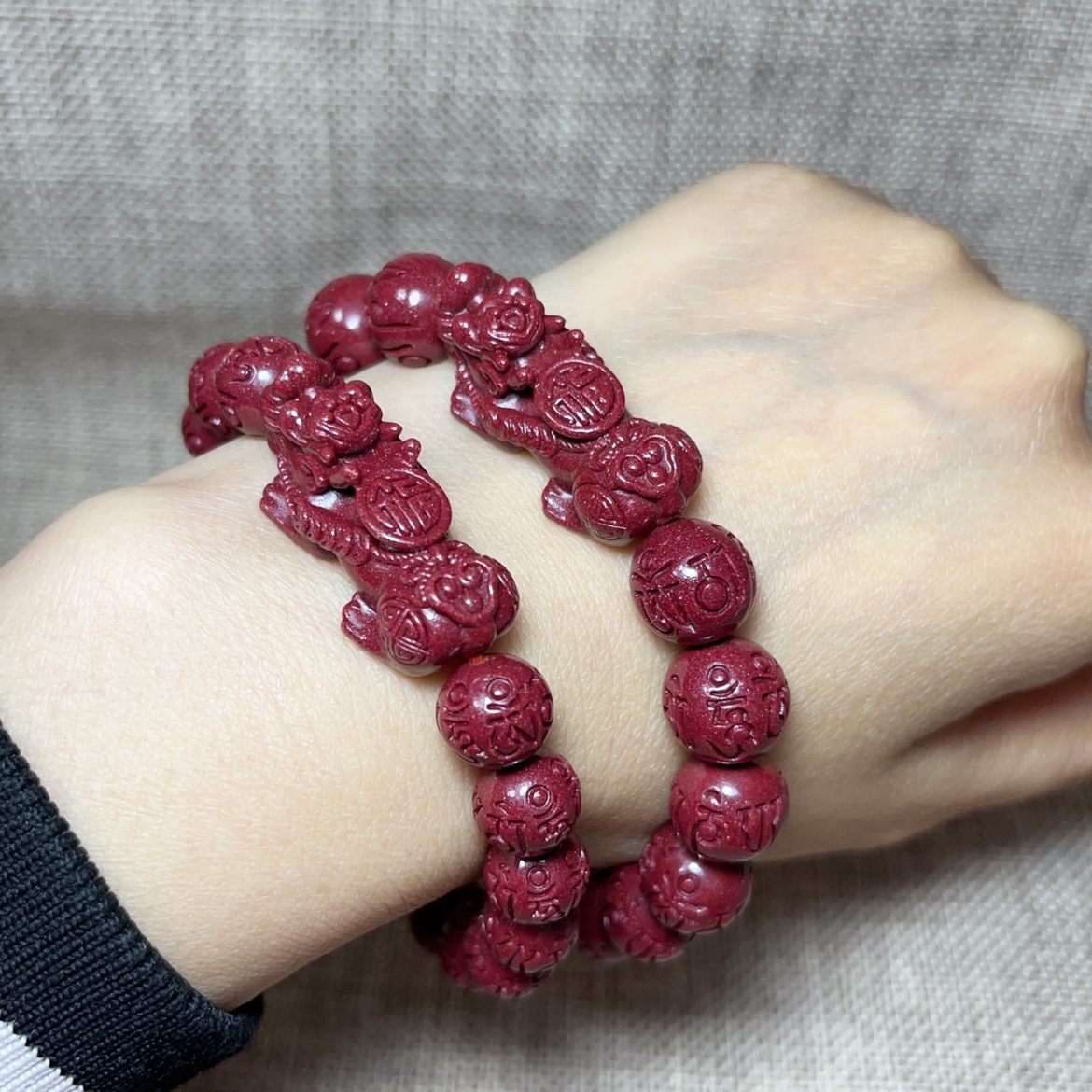 高含量朱砂福貔貅手链男女同款卡10mm卡12mm六字箴言圆珠貔貅手串