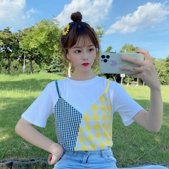 實拍實價網紅同款假兩件格子拼接短袖T恤衫上衣女學生潮