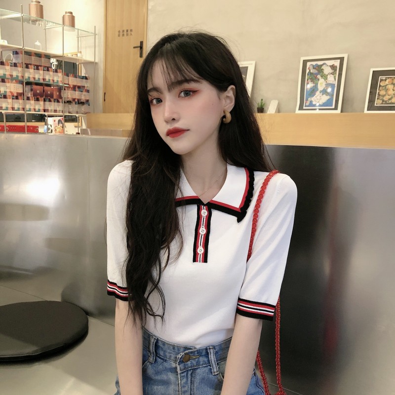 Real price net red Lapel striped T-shirt girl polo collar top student trend