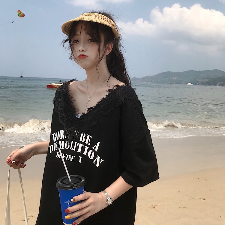 Real price net red same eyelash lace V-neck off shoulder short sleeve student T-shirt girl