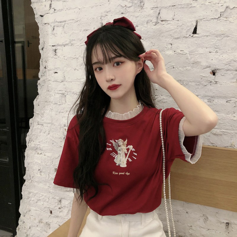 Real price net red 2021 new mesh stitching fake two-piece printed short sleeve T-shirt