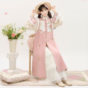 【粉黛】原创汉服女长款比甲蛋糕裙圆领改良国风套装新中式秋冬款