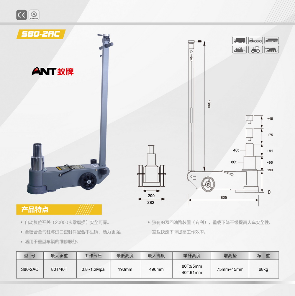 福州斯耐特气动千斤顶s802ac蚁牌气顶80吨大车气动顶配件液压大顶