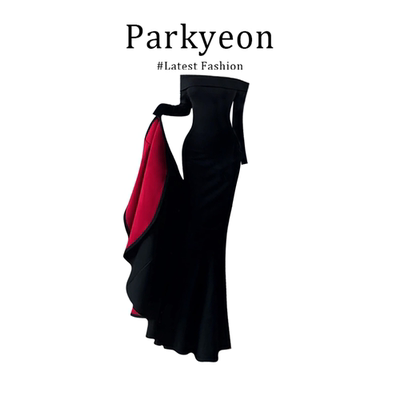 parkyeon法式气质一字肩连衣裙女2025年冬季步步生莲红底礼服长裙