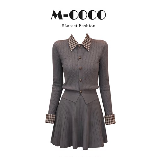MARIECOCO【秋江明净】法式Polo领格纹拼接针织上衣+半身裙两件套
