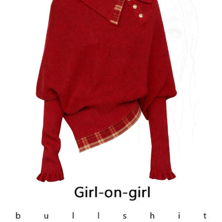 慵懒风翻领红色斗篷针织毛衣女秋冬新款套头显瘦圣诞上衣