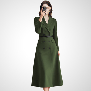 兰卡时尚双排扣收腰西装连衣裙女2026春季绿色通勤显瘦复古风长裙