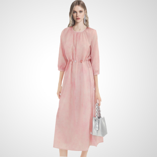 粉色绝美超好看连衣裙女2026春季 串珠抽绳收腰圆领大摆裙子 新款