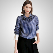 兰卡时尚 文艺范格纹气质上衣潮 新款 蓝色复古学院风衬衫 2026春季