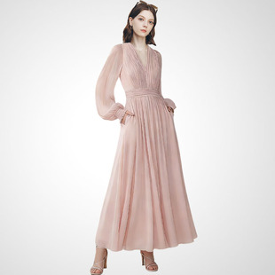 兰卡时尚法式气质粉色连衣裙女长袖V领收腰长裙轻熟优雅风礼服裙