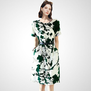 兰卡时尚夏款水墨风印花连衣裙女夏季收腰显瘦气质中长裙绿色花卉