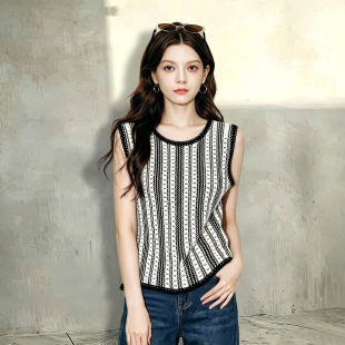兰卡时尚撞色条纹无袖针织背心T恤女2026夏季百搭高级感气质上衣
