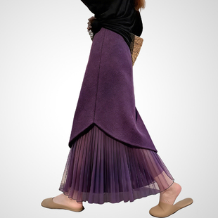 兰卡时尚紫色拼接百褶半身裙女2026春季新款高腰垂感通勤百搭裙子