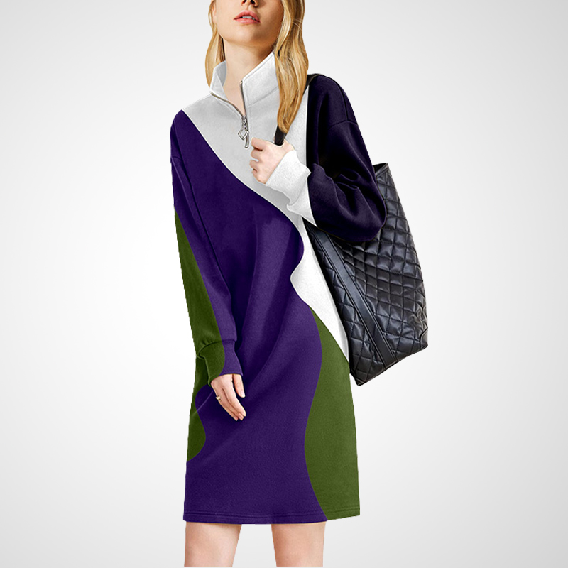 欧美潮流拼色高领卫衣裙女2025年秋冬新款休闲别致宽松百搭连衣裙