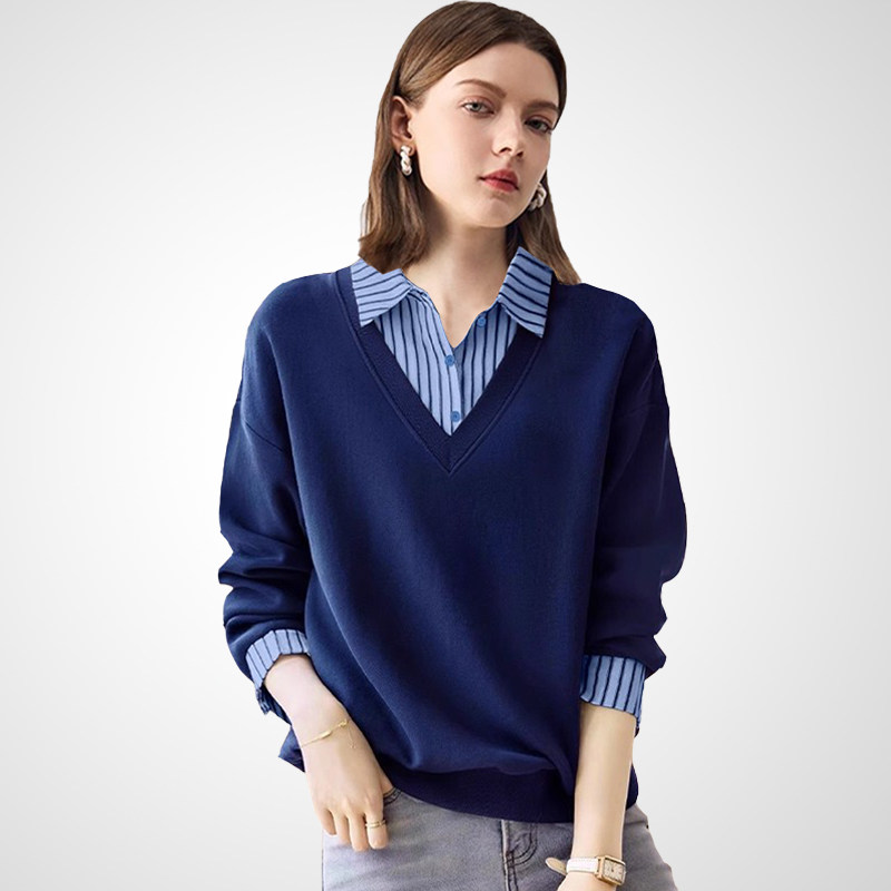 兰卡时尚学院风高级复古条纹Polo领卫衣女2025秋冬新款假两件上衣,女装/女士精品,卫衣/绒衫,淘宝优惠券,粉丝福利购,淘宝优惠卷