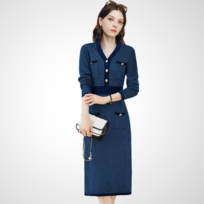 优雅深蓝色针织小香风连衣裙