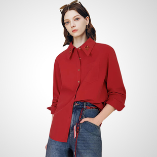 兰卡时尚复古风酒红色衬衫女2026春款宽松慵懒风通勤女式长袖上衣