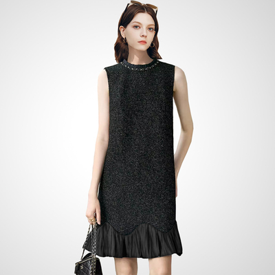 时尚无袖亮丝肌理连衣裙女