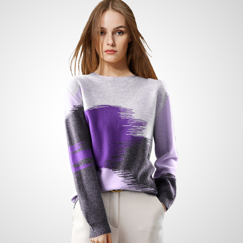 紫撞色艺术感圆领毛衣女