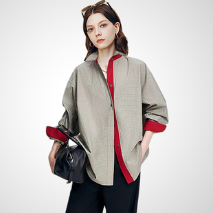 兰卡时尚撞色拼接宽松衬衫女2026年春款通勤气质翻领长袖休闲外搭