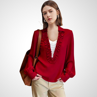 兰卡时尚法式优雅酒红假两件衬衫2026春荷叶边设计职场轻熟风衬衣