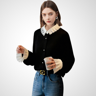 兰卡时尚法式娃娃领黑色衬衫女2026春季新款设计感褶皱袖通勤上衣