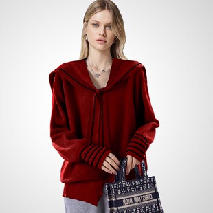 法式别致气质减龄海军领红色毛衣女款2026年春季新款宽松针织上衣