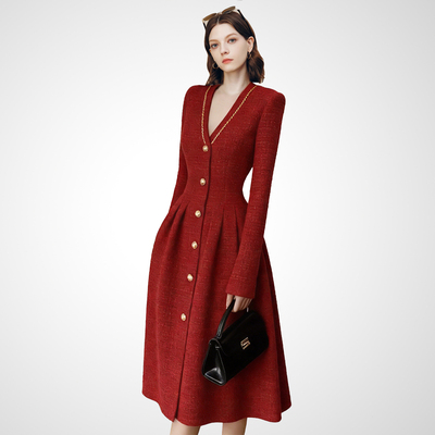 复古红金条纹收腰连衣裙女