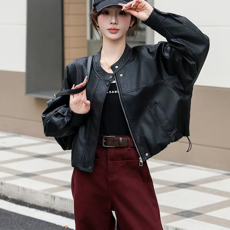 宽松休闲短款PU机车夹克皮衣女图片