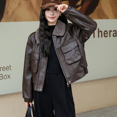 宽松美拉德短款加绒加厚皮衣女