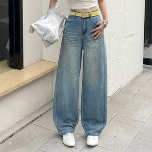 欧货2026春夏季新款弯刀牛仔裤窄版阔腿裤女外贸高腰大码宽松裤子